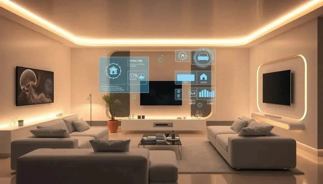 Tecnologia per la casa italiana in un moderno salotto con sistema di home theater e accessori smart