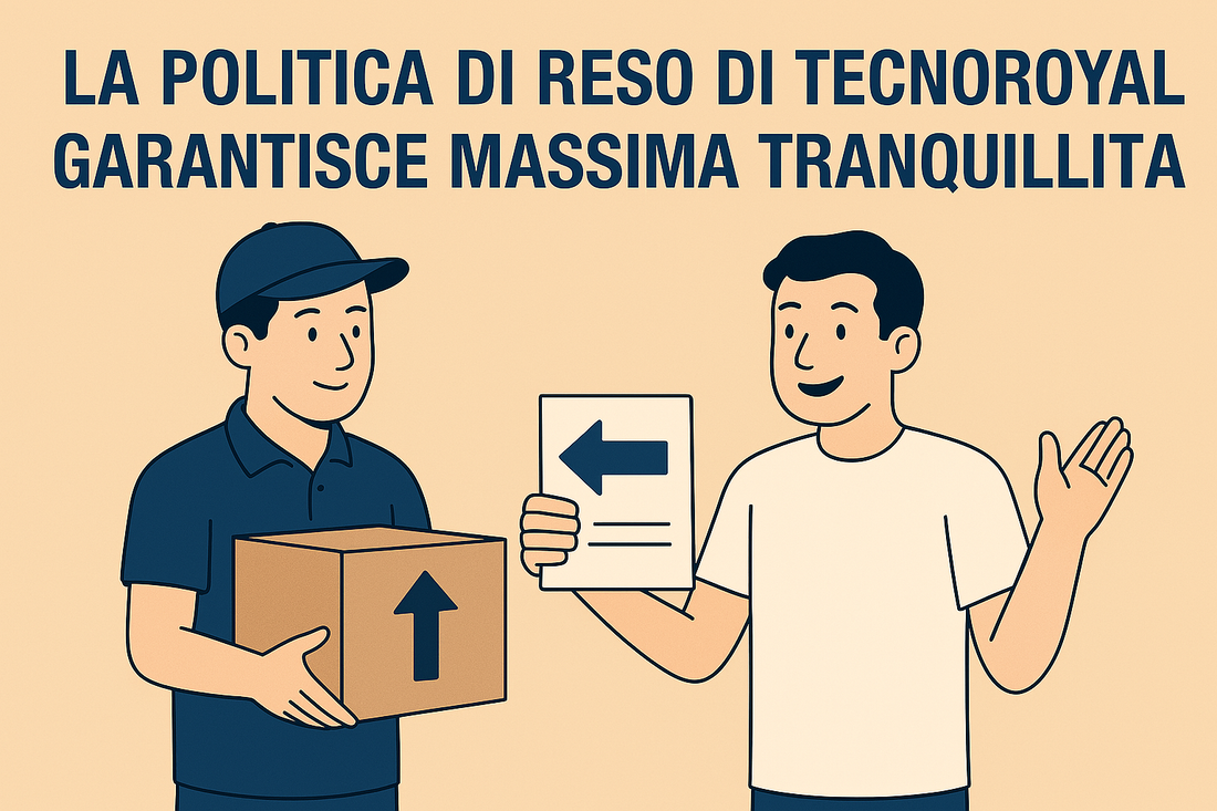 Un'illustrazione che mostra la politica di reso TecnoRoyal garantisce massima tranquillità per i clienti