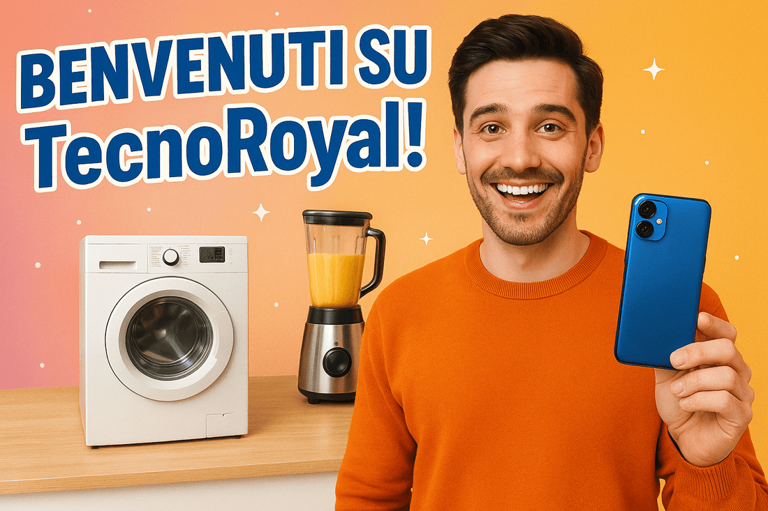 Uomo sorridente con smartphone blu accanto a elettrodomestici, rappresenta le promozioni elettronica consumo