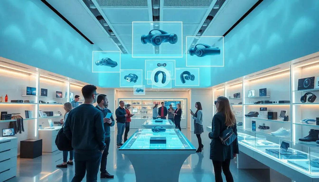 Moderno negozio di elettronica mostra prodotti innovativi per un'esperienza shopping TecnoRoyal