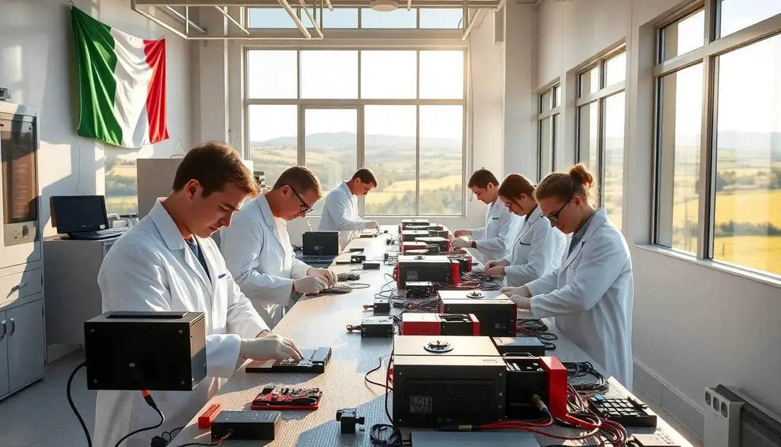 Tecnici che lavorano in laboratorio sull'elettronica evidenziando i vantaggi garanzia Italia elettronica