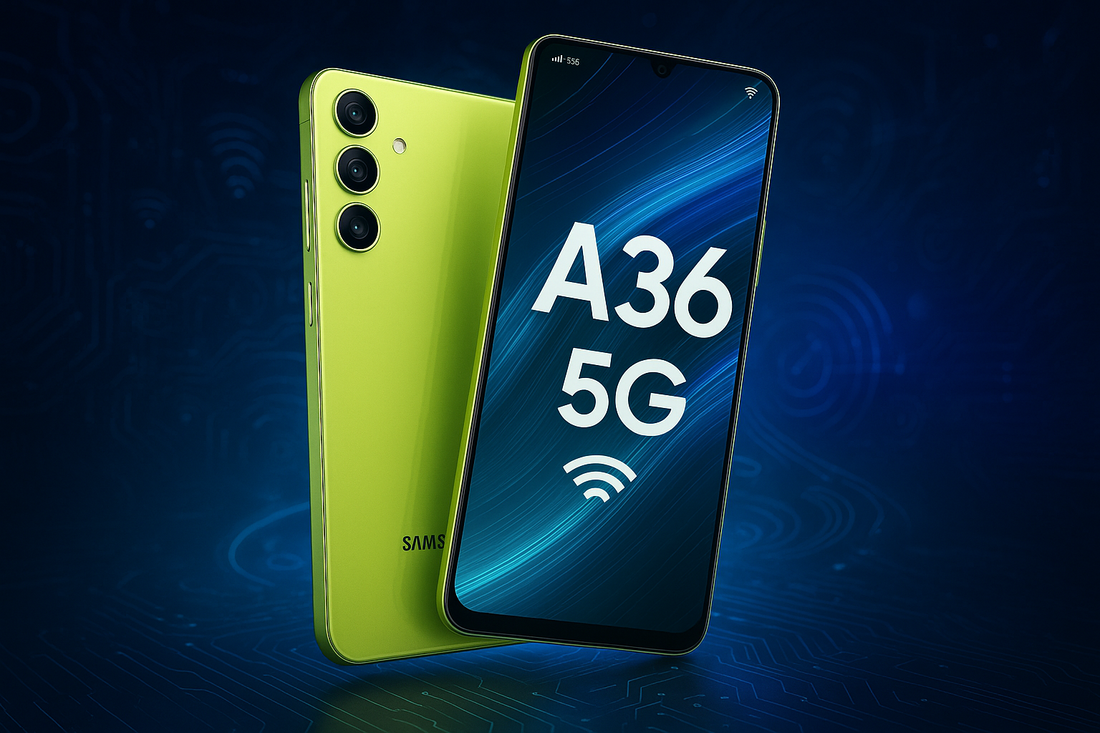 Smartphone Samsung A36 5G verde vista frontale e posteriore con tripla fotocamera su sfondo tecnologico blu