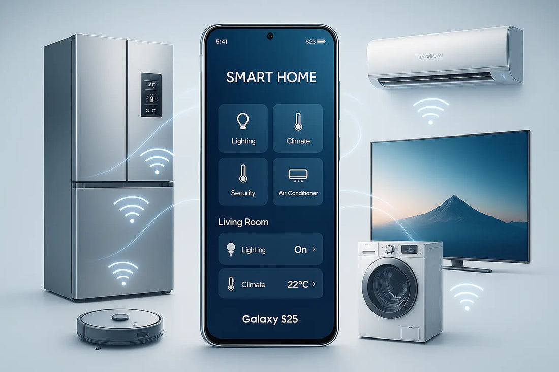 Schermata smart home su smartphone Samsung SM-S931 S25 circondato da frigorifero condizionatore TV lavatrice e robot aspirapolvere