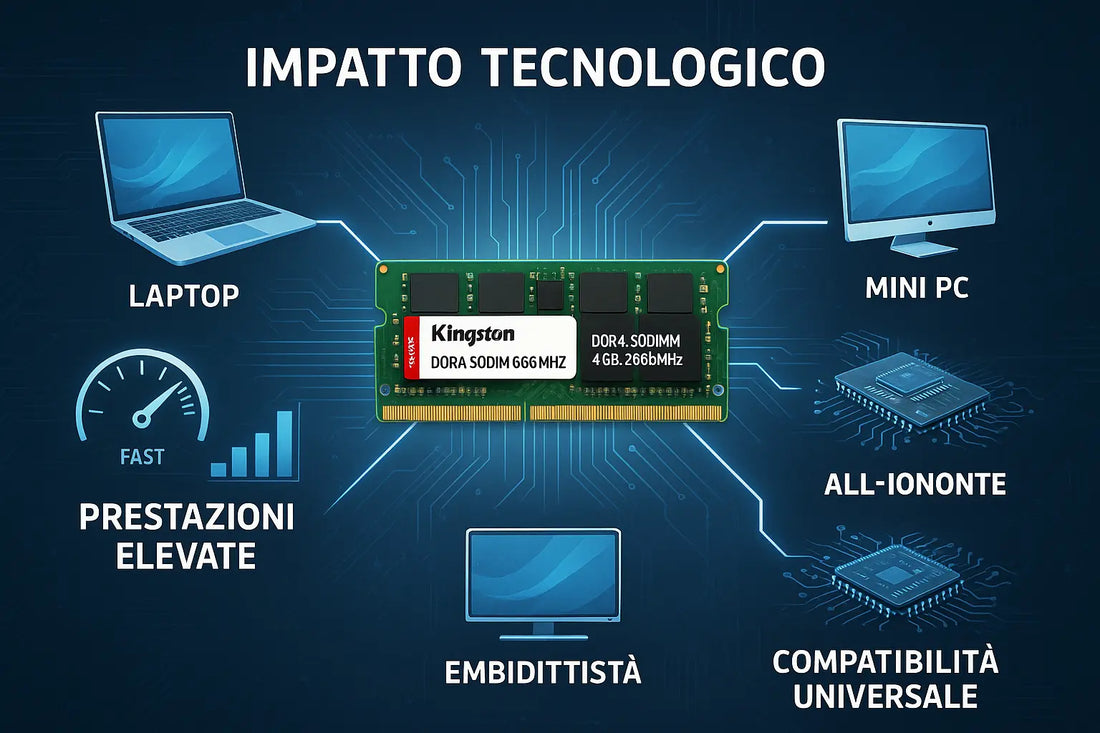 Modulo memoria Kingston DDR4 al centro con laptop mini PC e icone prestazioni elevate compatibilita universale