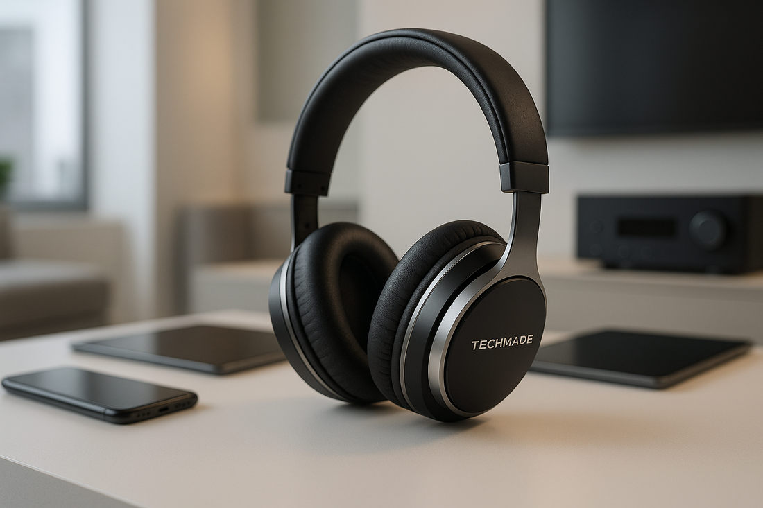 Cuffie Stereo Wireless nere over ear su tavolo con smartphone tablet e impianto audio in soggiorno