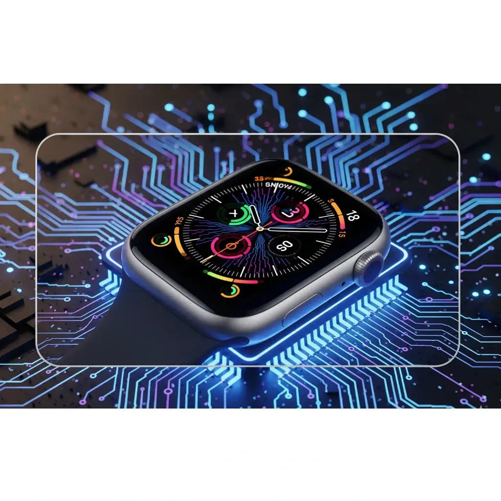 Apple Watch 8 su uno sfondo di circuiti elettronici illuminati, evidenziando il design tecnologico