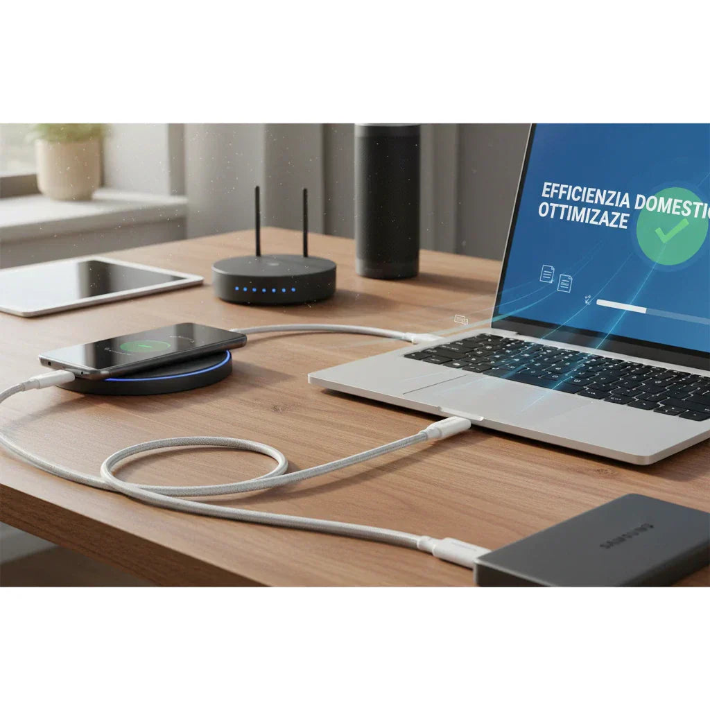 Postazione di lavoro moderna con dispositivo Samsung, laptop e caricatore wireless