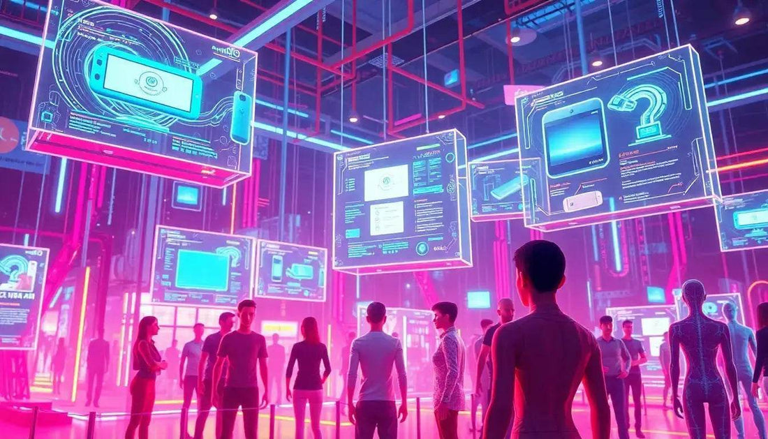 Fiera tecnologica con persone che esplorano vantaggi accessori tech e innovazioni futuristiche