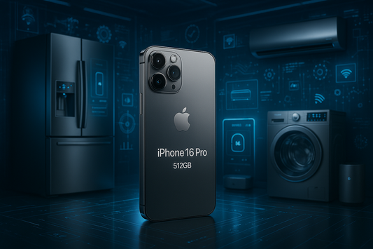 iPhone 16 Pro in primo piano 512GB su sfondo casa intelligente con frigorifero lavatrice e icone connesse