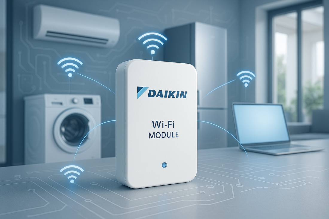 Modulo WiFi DAIKIN che si connette a vari dispositivi in un ambiente domestico moderno
