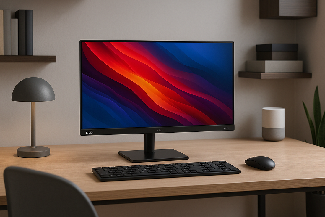 Lenovo Monitor su scrivania minimal con tastiera e mouse lampada mensole e pianta in home office moderno