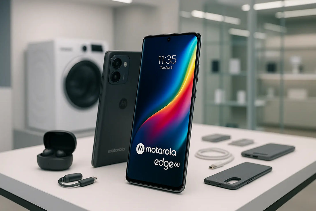 Smartphone Motorola Edge 60 con accessori e dispositivi sul tavolo moderno
