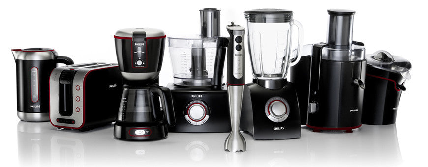 Collezione di elettrodomestici Philips con frullatori, macchine da caffè e robot da cucina