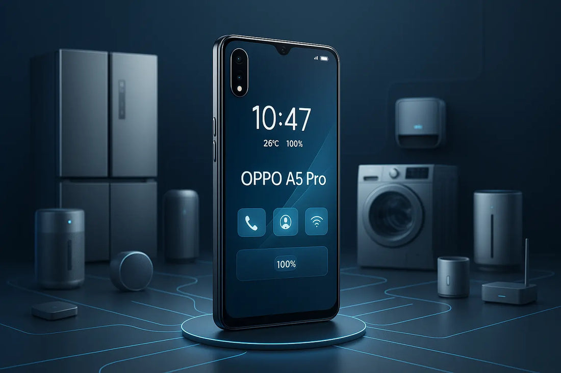 Smartphone OPPO A5 Pro in primo piano con schermo che mostra interfaccia smart home e elettrodomestici connessi