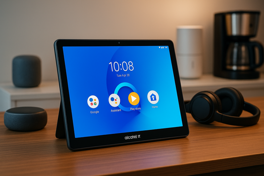 Tablet Alcatel 1T 10 su supporto in scrivania con schermata home e cuffie wireless accanto