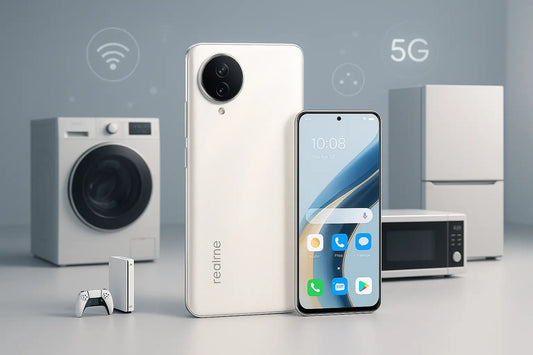 Smartphone Realme 14 Pro con accessori tecnologici e connessione 5G in un ambiente moderno