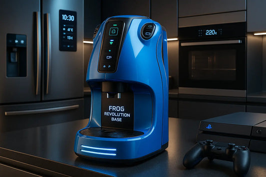 Macchina da Caffè Frog Revolution in un design blu moderno su un piano cucina elegante