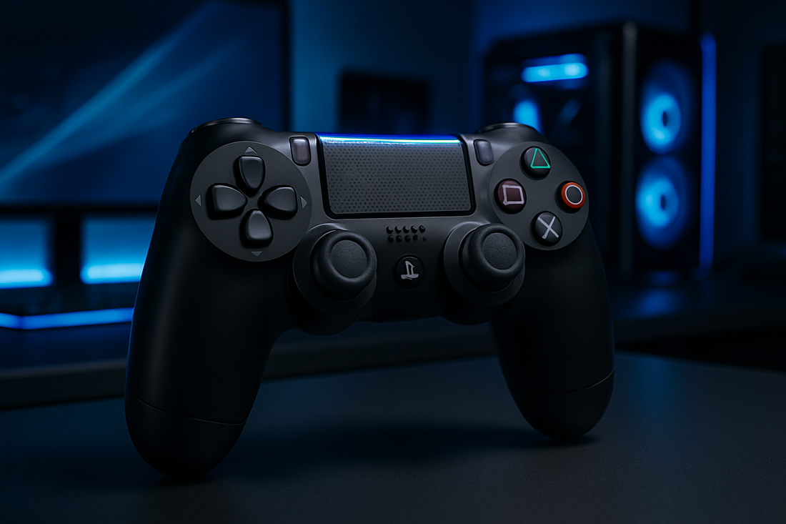 Controller nero per console SONY PS4 con luci blu in ambiente di gioco moderno