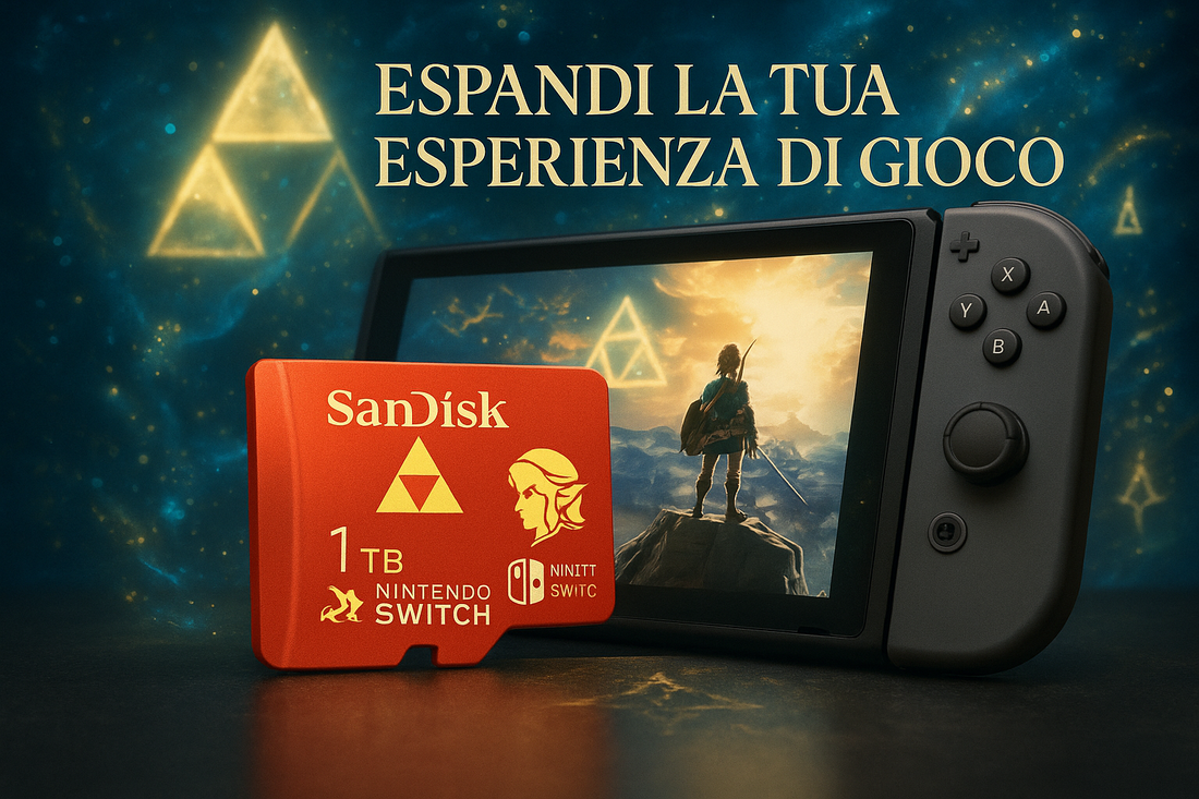 Scheda microSD SanDisk 1TB con logo Nintendo Switch davanti a console portatile con scena di gioco epica