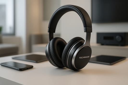 Cuffie Stereo Wireless nere over ear su tavolo con smartphone tablet e impianto audio in soggiorno