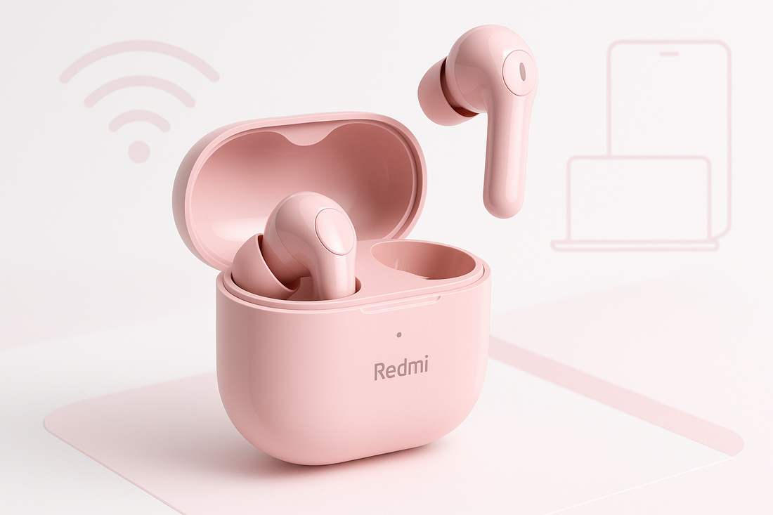 Cuffie wireless rosa Redmi in custodia di ricarica aperta con auricolare flottante simboli Wi Fi Xiaomi