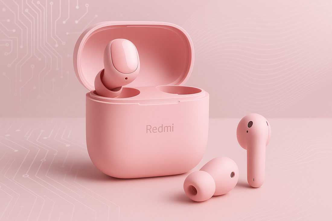Auricolari wireless rosa Xiaomi Redmi con custodia di ricarica aperta su fondo rosa chiaro