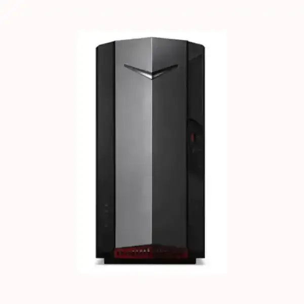 PC desktop Acer nero e grigio con design angolare frontale e LED rossi per gaming ad alte prestazioni