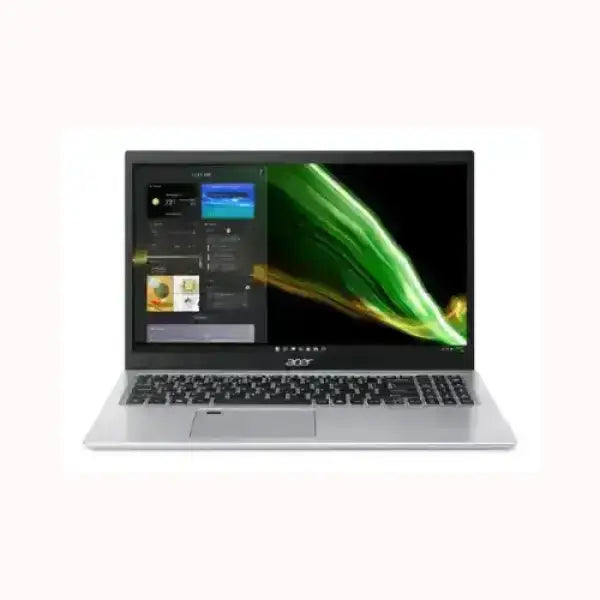 Notebook Acer argento con schermo da 15 pollici tastiera completa e sfondo verde ondulato