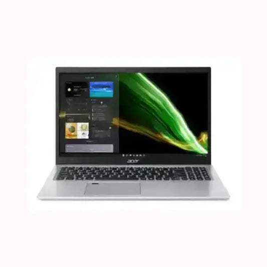 Notebook Acer argento con schermo da 15 pollici tastiera completa e sfondo verde ondulato