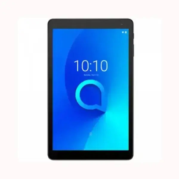 Tablet Alcatel con schermo touch nero e display luminoso blu con orologio digitalizzato