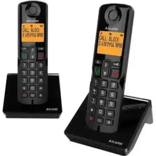 Telefono cordless Alcatel nero con display arancione tastiera numerica e base di ricarica inclusa