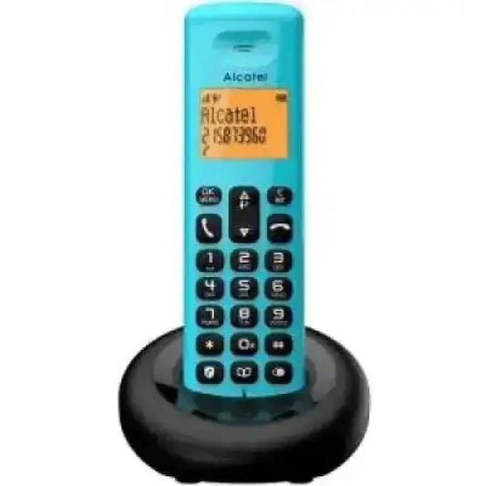 Telefono Cordless Alcatel turchese su base nera con display arancione retroilluminato e tastiera numerica