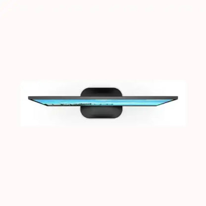Monitor AOC ultra sottile visto dall'alto con display blu e supporto nero compatto
