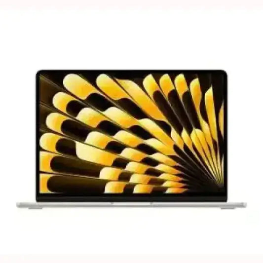Notebook Apple argento con schermo aperto e sfondo grafico giallo nero design sottile e profilo metallico