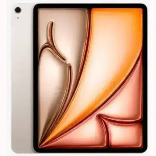 Apple iPad Air argento con schermo senza bordi e fotocamera posteriore singola su sfondo astratto arancione