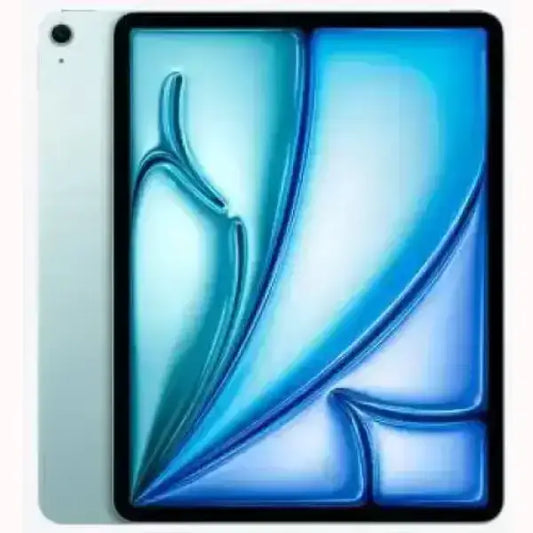 Tablet Apple sottile con display a tutto schermo, cornici sottili, sfondo blu e fotocamera posteriore singola argento
