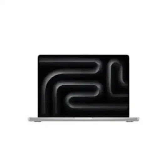 Apple MacBook Pro argento visto frontalmente schermo acceso con sfondo nero astratto e cornice sottile