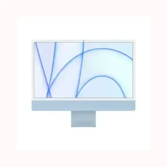 Computer All-in-One Apple con design sottile e display ampio con sfondo azzurro astratto