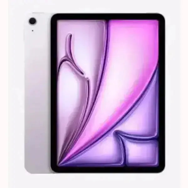 Tablet Apple iPad Air 2025 argento con retro fotocamera singola e display bordi sottili con sfondo viola