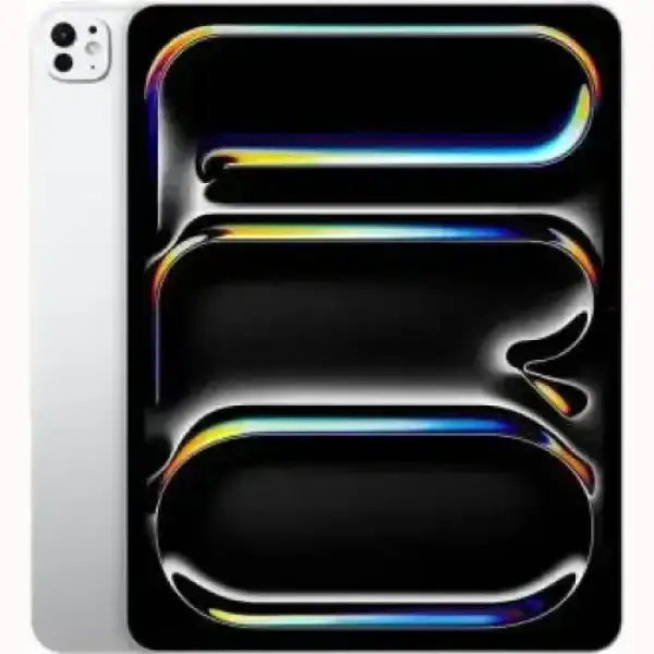 Tablet Apple con schermo nero luminoso e fotocamera posteriore doppia in colore argento