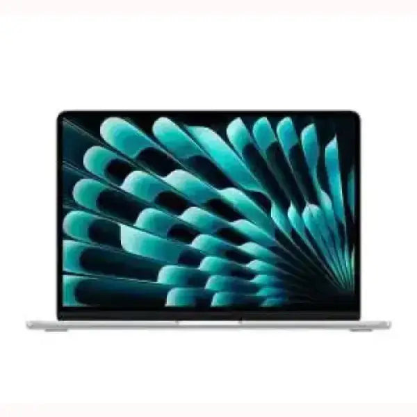 Notebook Apple MacBook Air 2025 argento con schermo aperto sfondo astratto verde acqua vista frontale