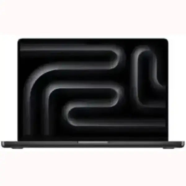 Apple MacBook Pro notebook aperto vista frontale con schermo nero e sfondo astratto scocca grigio