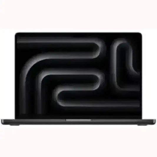 Apple MacBook Pro notebook aperto vista frontale con schermo nero e sfondo astratto scocca grigio
