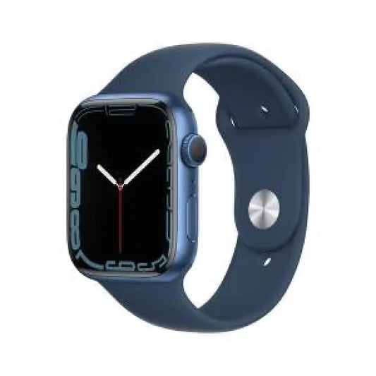 Apple Watch con cinturino blu e display digitale con quadrante nero e lancette bianche