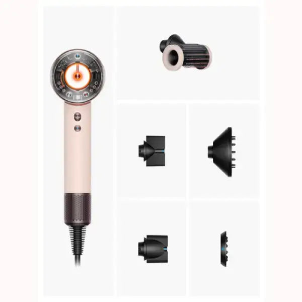 Asciugacapelli Dyson rosa con sei accessori per styling e asciugatura professionale