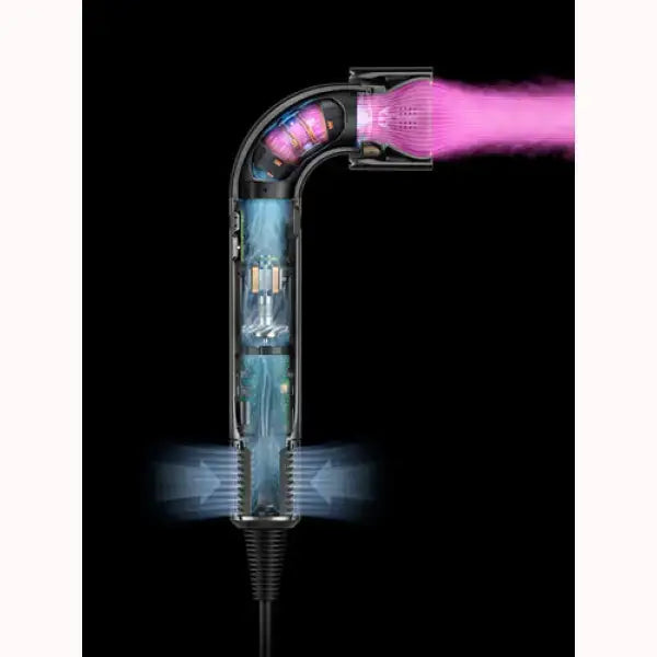 Sezione interna dell'asciugacapelli Dyson con flusso d'aria e tecnologia avanzata visibile