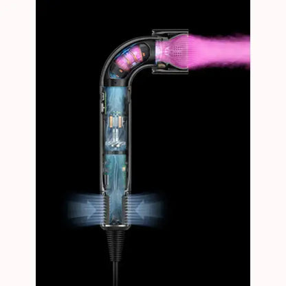 Sezione interna dell'asciugacapelli Dyson con flusso d'aria e tecnologia avanzata visibile