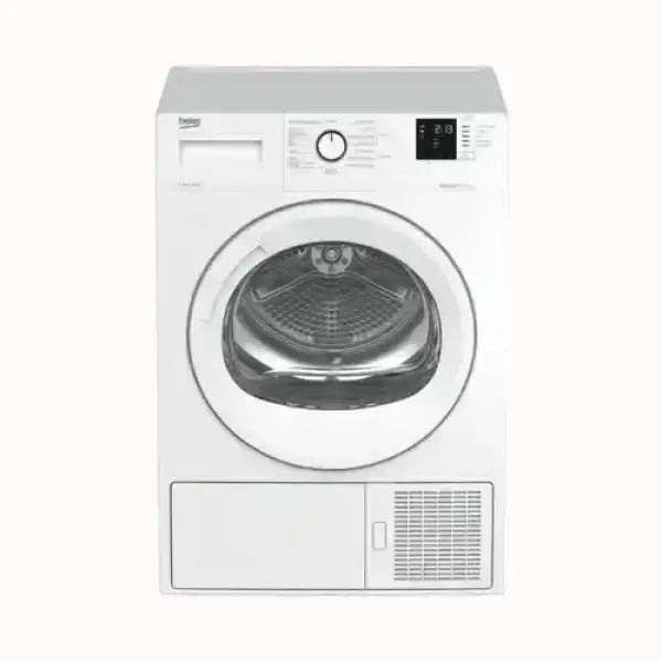 Asciugatrice Beko bianca con porta trasparente e pannello di controllo digitale frontale