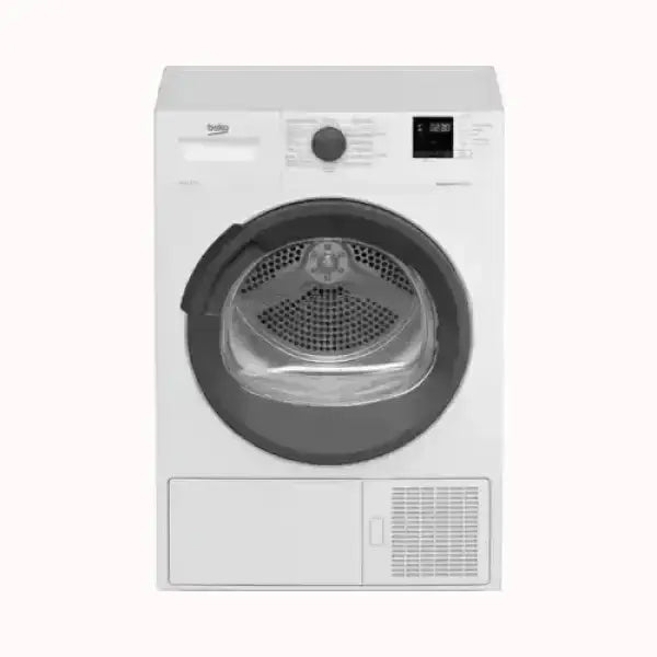 Asciugatrice Beko bianca con porta trasparente e pannello di controllo digitale