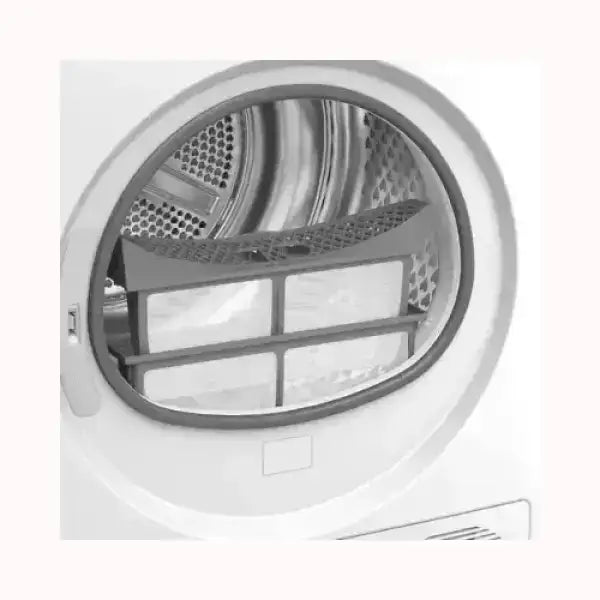 Asciugatrice Beko con porta aperta che mostra il filtro interno per la pulizia dei tessuti